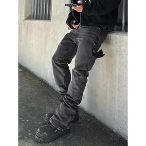 Men’s washed solid-color high-street Korean denim jeans with elastic patchwork detailing, casual all-season wear, comfortable fashion design