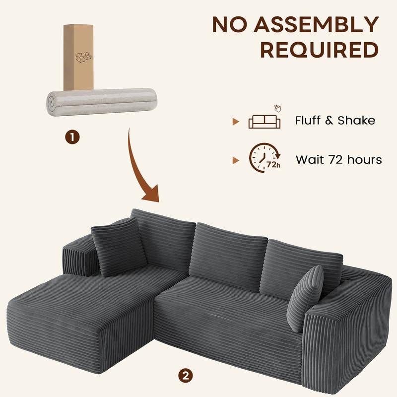 Plush Corduroy Cloud Velvet Modular Sofa Boneless 3-Seater Sectional with Chaise Extra-Wide Seat No Assembly Perfect for Small Spaces Cozy Corners & Apartments