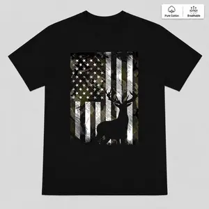 Camo Flag Deer Graphic Tee, Unisex Outdoor Hunting Short Sleeve T-Shirt, Casual Country Style Top