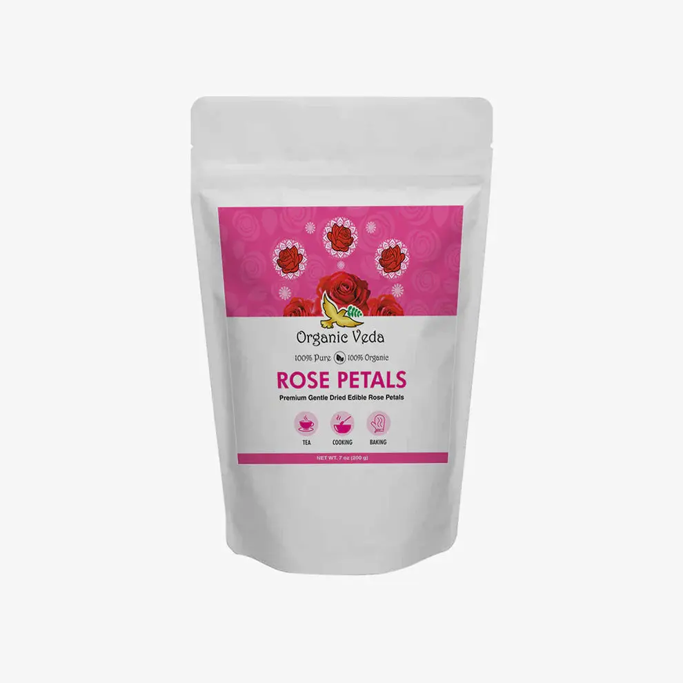Organic Veda Dried Rose Petals 198 grams - USDA Certified Organic Edible Flowers Real Red Dry Roses for Tea, Baking, Drinks, Cocktails, Bath, Rose Water, Food Decorations, DIY Beauty and Crafts - 7oz