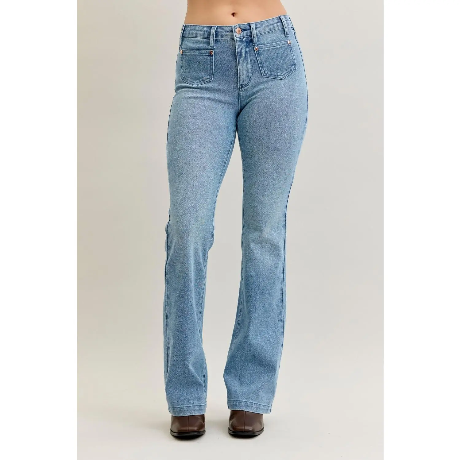 Judy Blue Full Size Mid Rise Bootcut Jeans with Contrast Wash & Front Patch Pockets Plus Size