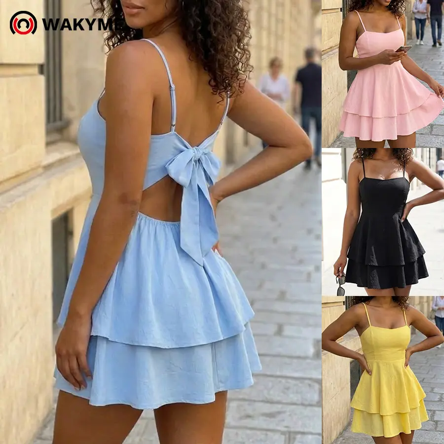 Women's Backless Bow Tie Mini Dress Sexy Spaghetti Strap Cute Casual Versatile Summer Dress