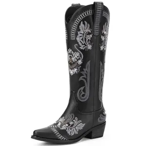 Sparkly Rhinestone Cowgirl Boots for Women Knee High Western Boots with Embroidery Pointed Toe Chunky Heel Vintage Style