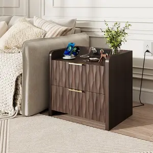 Modern Wood Nightstand Set of 2 with Drawers & Charging Station, Bedside Tables for Bedroom and Living Room, Brown/Light Brown