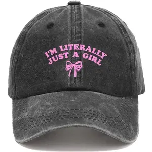 I'm Literally Just A Girl Bow Graphic Washed Cotton Baseball Cap Sweet Edgy Girl Style Hat Black Snapback 100% CotOn Denim Fabric Breathable Tag Free