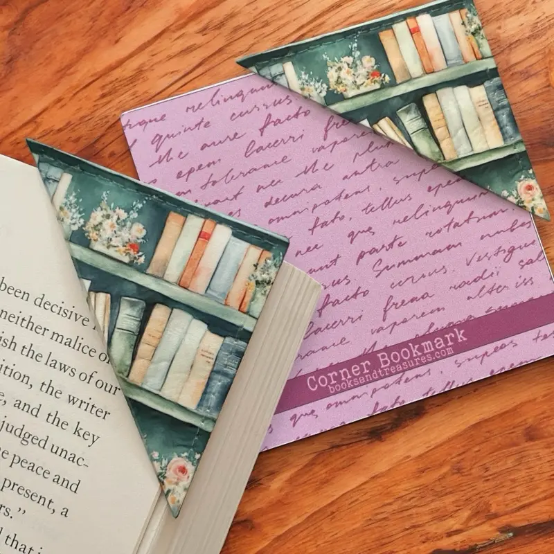 Bookshelf Corner Bookmark – Faux Leather Book Lover Gift, Floral Bookcase Design