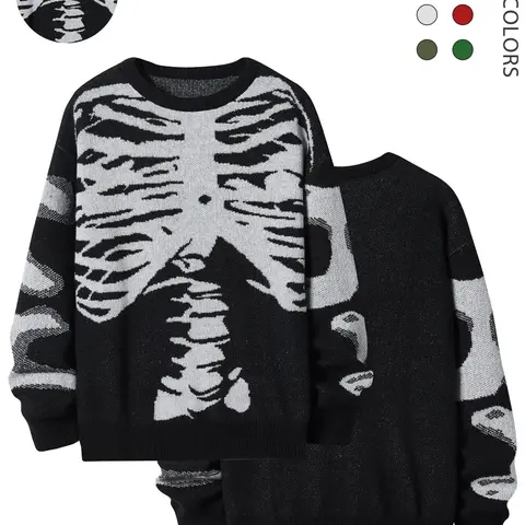 Halloween Outfit Ideas, Men's Halloween Themed Skeleton Print Round Neck Drop Shoulder Long Sleeve Sweater, Loose Fashion Casual Soft Comfy Crew Neck Jumper for Daily Outdoor Wear, Men Knitwear for Fall, Halloween Costumes 2273