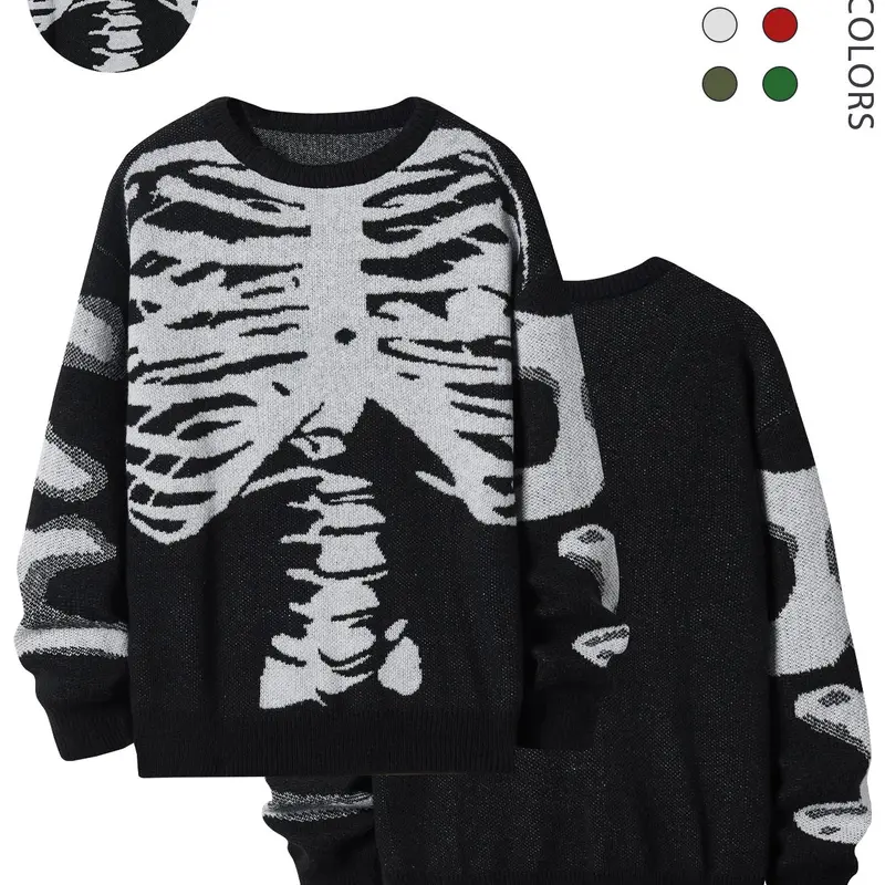 Halloween Outfit Ideas, Men's Halloween Themed Skeleton Print Round Neck Drop Shoulder Long Sleeve Sweater, Loose Fashion Casual Soft Comfy Crew Neck Jumper for Daily Outdoor Wear, Men Knitwear for Fall, Halloween Costumes 2273