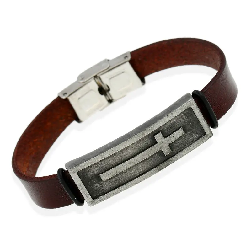 Men's Cross Leather Faith Bracelet With Durable Metal Plate For Daily Wear