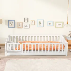 Twin Size Floor Bed Frame with Fence and Door, Rubber Wood Platform Bed Frame, Floor Bed with Safety Guardrails and Slats,White