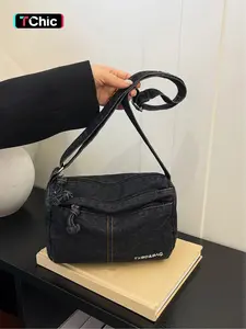 Retro denim multi zipper shoulder bag | Made with vintage denim texture and double zipper pockets, it can hold mobile phones, headphones, and small items, versatile and practical for daily travel