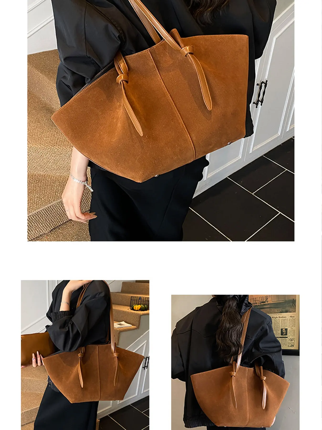 Women's Faux Suede Retro Handbag Set, PU Coin Purse, Velvet Leather Work Reading Casual Tote Bag, Adjustable Shoulder Strap Luxury Travel Bag