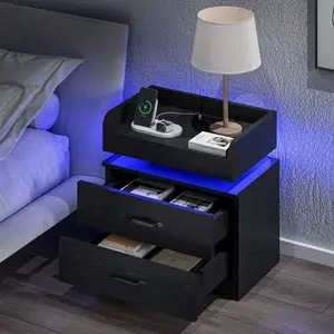 Night Stand Charging Station, Night Stand With LED Light, Nightstand With Drawers, Bedroom Night Stand, Bed Side Table For Bedroom, White/Black/Grey