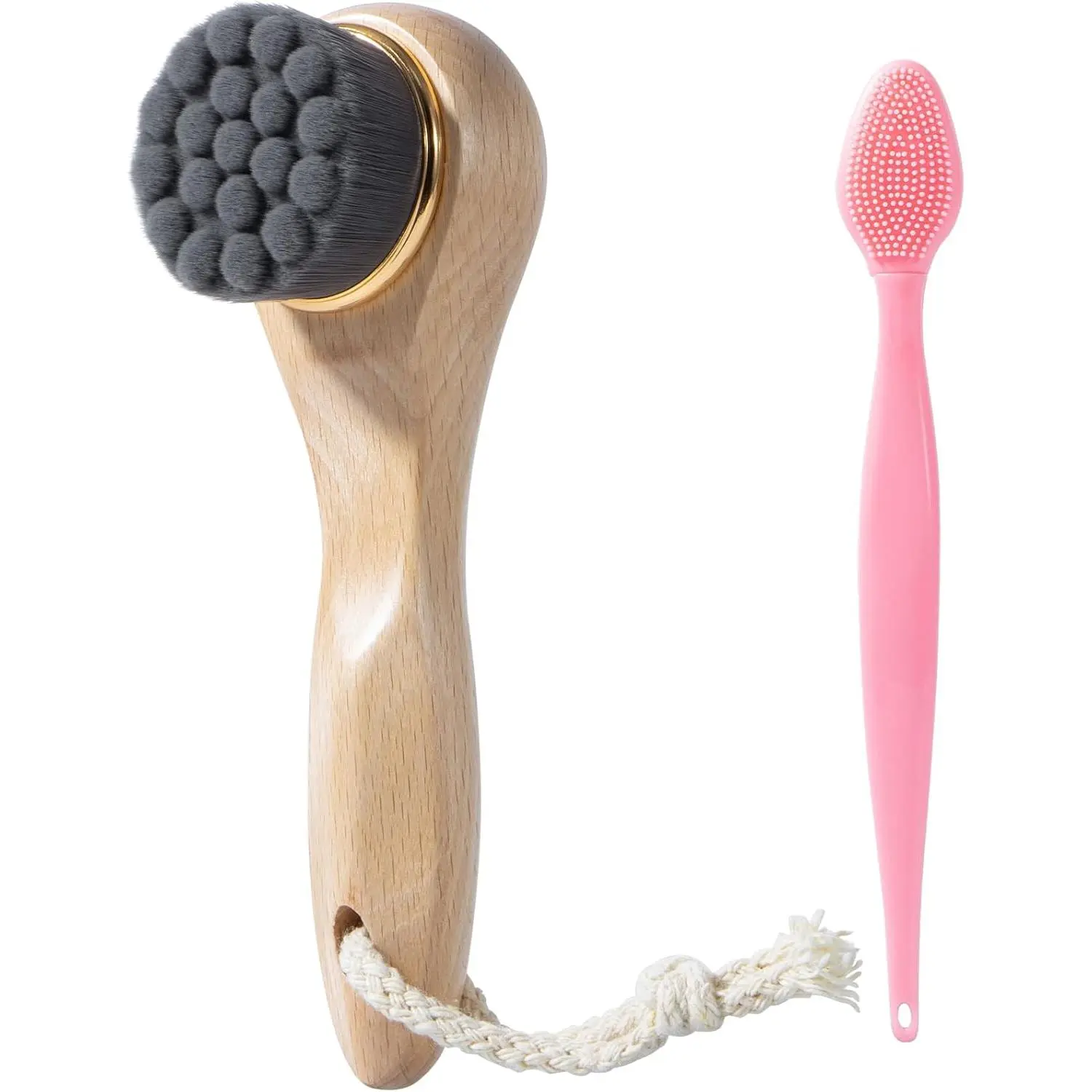 Face Scrubber with Wooden Handle, Manual Facial Cleansing Brushes for Deep Pore Cleansing, Soft Bamboo Charcoal Fiber Exfoliating Face Wash Brush and Silicone Lip Scrubber for Face Care, Black