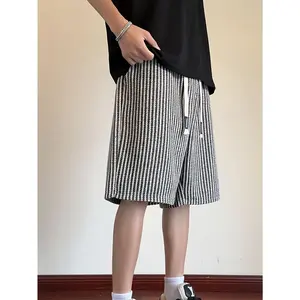 Men'S High-Waisted Summer Casual Shorts - Durable Striped Fabric, Elastic Waistband, Loose Fit, Beige & Brown Herringbone Pattern, Comfortable for Casual Attire, Everyday Shorts |   Relaxed Fit Shorts |   Stripe Pattern, High Waisted Shorts