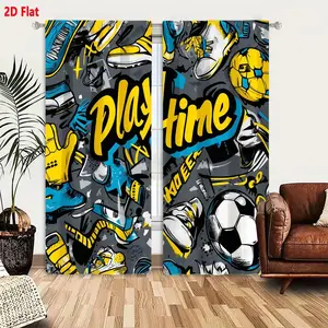 2D Flat 2-Piece Sports Themed Curtain Set, Graffiti Style Play Time Design with Colorful Soccer Gear, Yellow Blue White Athletic Equipment Pattern, Blackout Drapes for Kids' Room Bedroom Living Room Decor