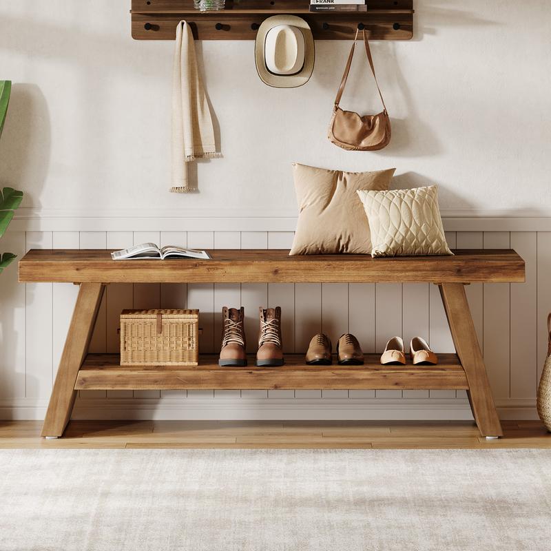 LITTLE TREE 2-Tier Entryway Bench, Hallway Foyer Solid Wood Seating with Open Shelves, Wooden Shoe Bench Indoor for Entryway, Living Room, Bedroom