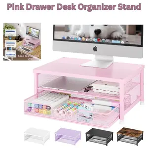 Pink Drawer Desk Organizer Stand – Metal Computer Monitor Riser, Laptop Stand, Office Desk Accessories, Workspace Desktop Storage