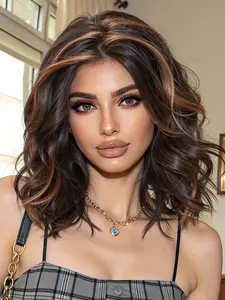 12 Inch Lace Front Highlights Shoulder Length Curly Wig, High Heat Resistant Fiber, Natural Look, Daily Wear, Glueless Curly Wig, Curly Hair Wigs