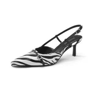 JustFab Women's Zebra Print Pointed Toe Kitten Stiletto Heels, Slingback Slip-on Pumps, 2.56" Heel Summer Fashion Dress Shoes for Office & Daily Wear - Women's Footwear, Kitten Heels