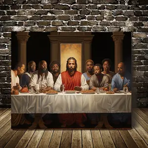 1 Piece Wooden Frame Black Jesus Last Supper Canvas Wall Art - African American Christian Home Decor, Suitable for Living Room, Bedroom,Scene, Rustic Wooden Frame, Warm Earth Tones, Spiritual Wall Decor Religious Ornaments