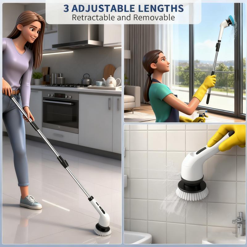 Electric Spin Scrubber, Cordless Shower Scrubber with IPX7 Waterproof, Electric Cleaning Brush, Multi-Surface Use, and Long Battery Life, 2 Adjustable Speed & Extendable Handle, 9 Replaceable Brush Heads, Multi-Purpose Cleaning Kit for Bathroom & Kitchen Electric Spin Scrubber, Cordless Shower Scrubber with IPX7 Waterproof, Electric Cleaning Brush, Multi-Surface Use, and Long Battery Life, 2 Adjustable Speed & Extendable Handle, 9 Replaceable Brush Heads, Multi-Purpose Cleaning Kit for Bathroom & Kitchen