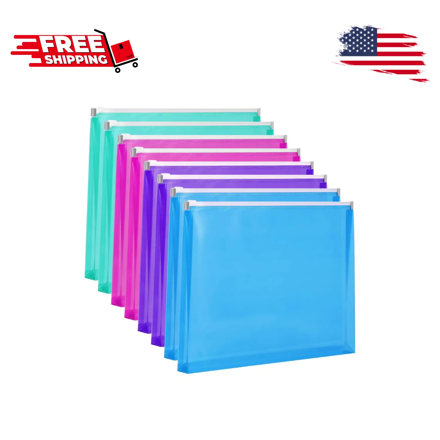 8pcs Plastic Envelopes, Poly Zip, Letter Size, 9.8 x 12.8 Inches, 4 Assorted Colors