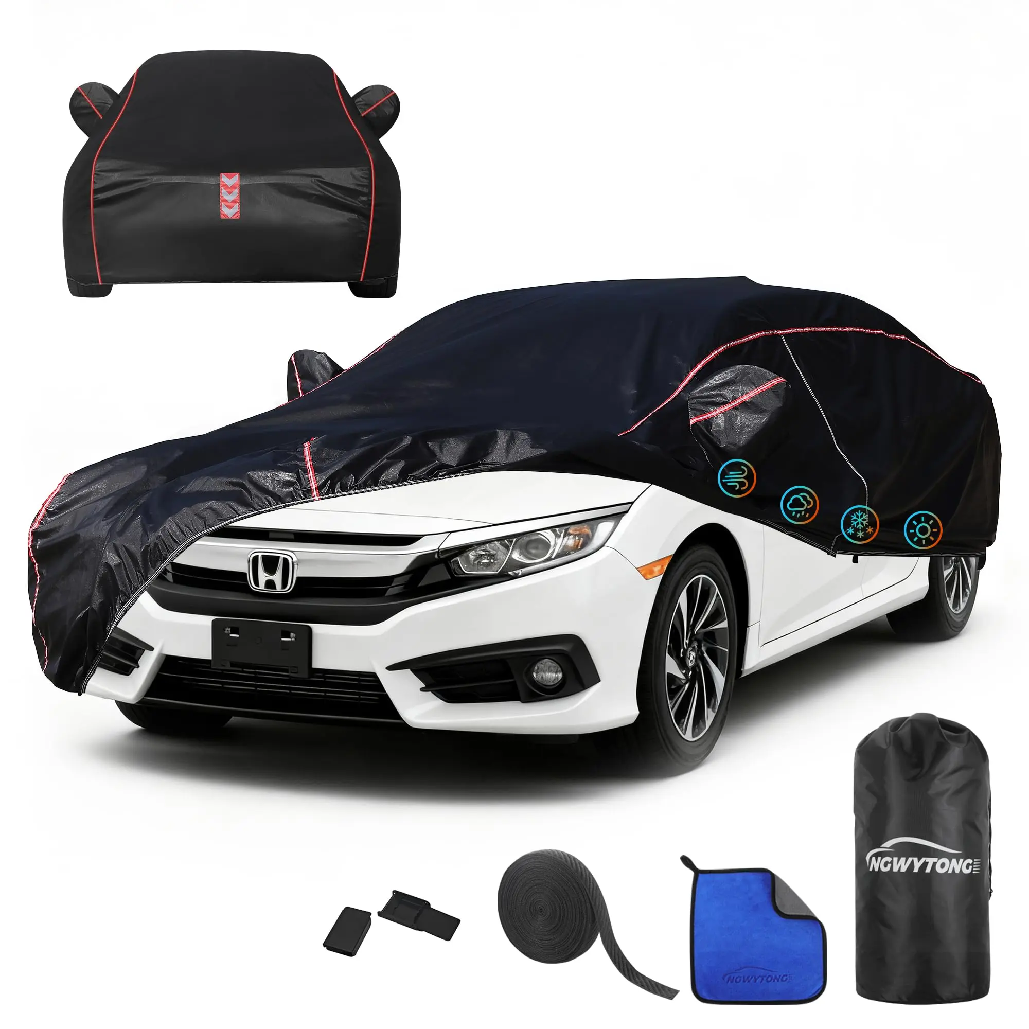 Honda Civic Fit All Season Car Cover for 1991-2024 Models, Oxford Fabric All-Around Protection with Reflective Tape, 60s Quick-Fit Easy Installation, Front-Rear Securing Straps, UV-Proof Waterproof, High-Elastic Hems, Windproof Scratch Resistance