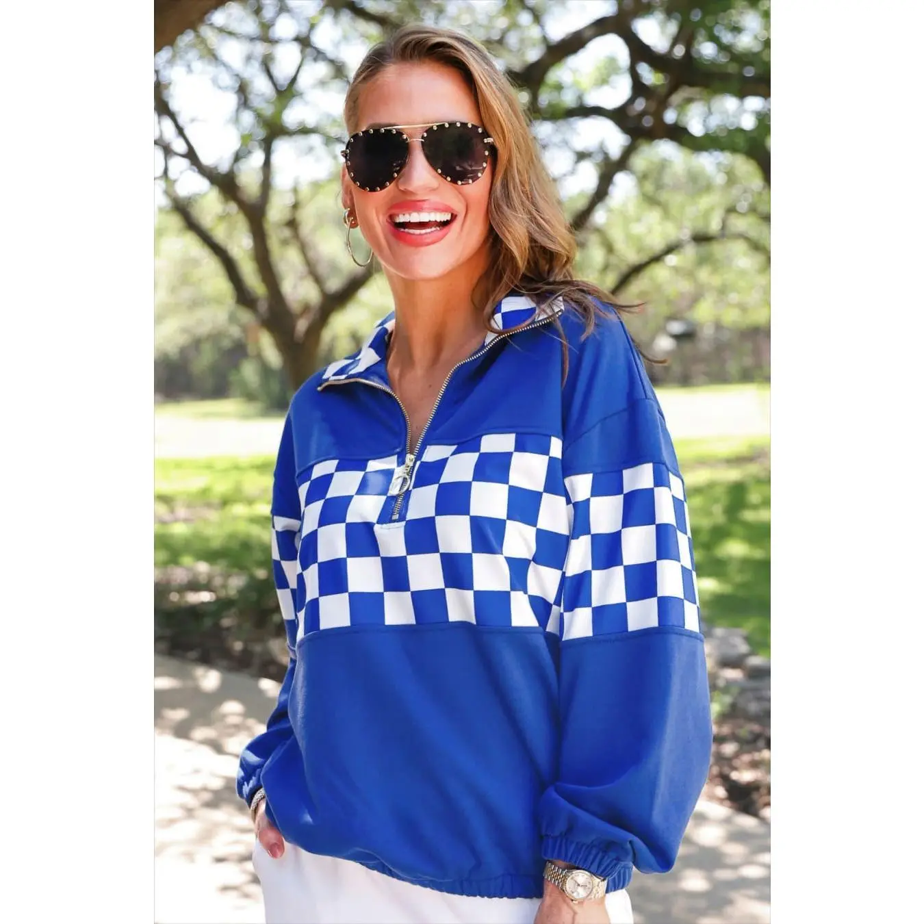 End Zone Checkered Pullover- Blue