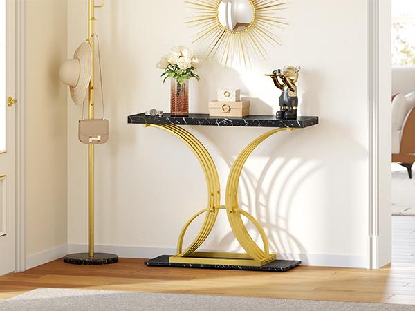 DWVO Gold Console Table, Modern Sofa Table for Living Room, Hallway, 40 inch Narrow Entryway Table, Faux Marble Black