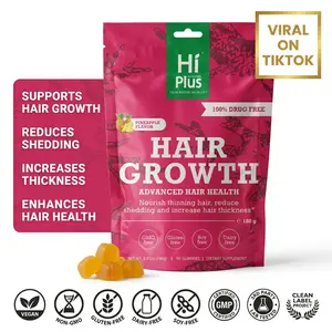 HiPlus Hair Support Gummies with Collagen Biotin Zinc & Iron Promotes Hair Volume and Supports Scalp Wellness, Clean Formula, High Potency Daily Essential, 90 Pineapple Flavored Gummies, 45 Day Supply