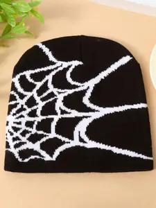 Gothic Spider Web Knit Beanie Fitted Hat, Trendy Hat, Knit Hats, Y2K Style, Hip-Hop Warm Elastic Cap, Suitable for Outdoor Sports, Daily Wear, Unisex