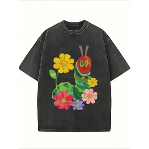 Caterpillar floral pattern T-shirt, round neck short sleeve, summer pattern T-shirt, weight 230 grams, casual vintage washed T-shirt.Unisex