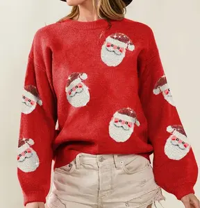 Womenswear Comfort Casual Christmas Vibes Sequin RED Santa Patches Soft Knit Crewneck Top Sweater Christmas Pullover
