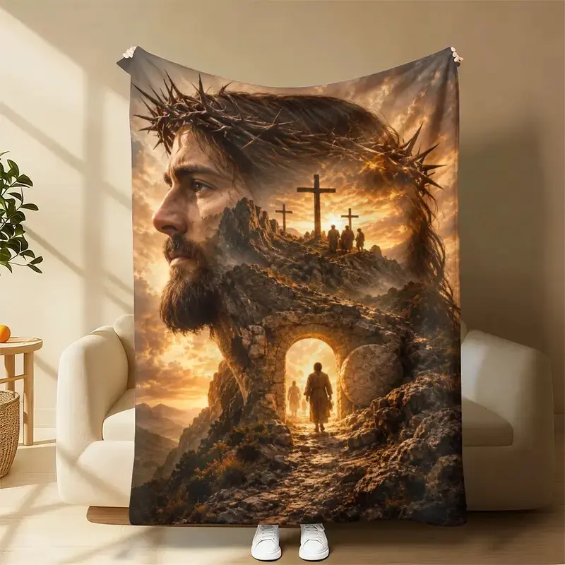 Soft Cozy Flannel Weave Throw Blanket - Christian Religion Print (Jesus Crown of Thorns, Cross, Empty Tomb, Contemporary Sunset Mountain), Plush Warm Lap Blanket, Ideal Easter Gift for Believers, Home Decor Textile