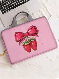 Strawberry Bowknot Pattern Notebook Bag, Soft Laptop Sleeve, Tablet Case, Zipper Storage Pouch, Casual Style, All Seasons