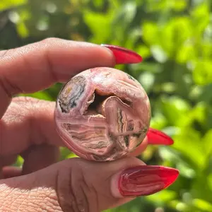 Rhodonite Sphere with Moon Wood Stand 31.2mm Pink Rhodonite Crystal Ball for Heart Healing Emotional Balance Root & Heart Chakra