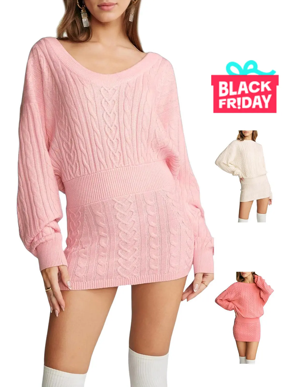 Women's Light Cable Knit Sweater Dress, Elegant Casual Puff Sleeve Crewneck Loose Fall Mini Dress with Matching Overall Fit for Daily Wear