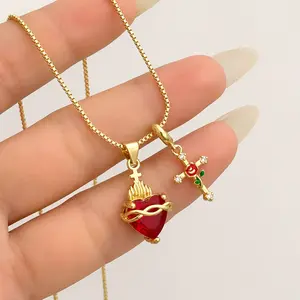 New Heart-shaped Rose Cross Multi-pendant Necklace with Love Zircon Sacred Heart Collarbone Chain