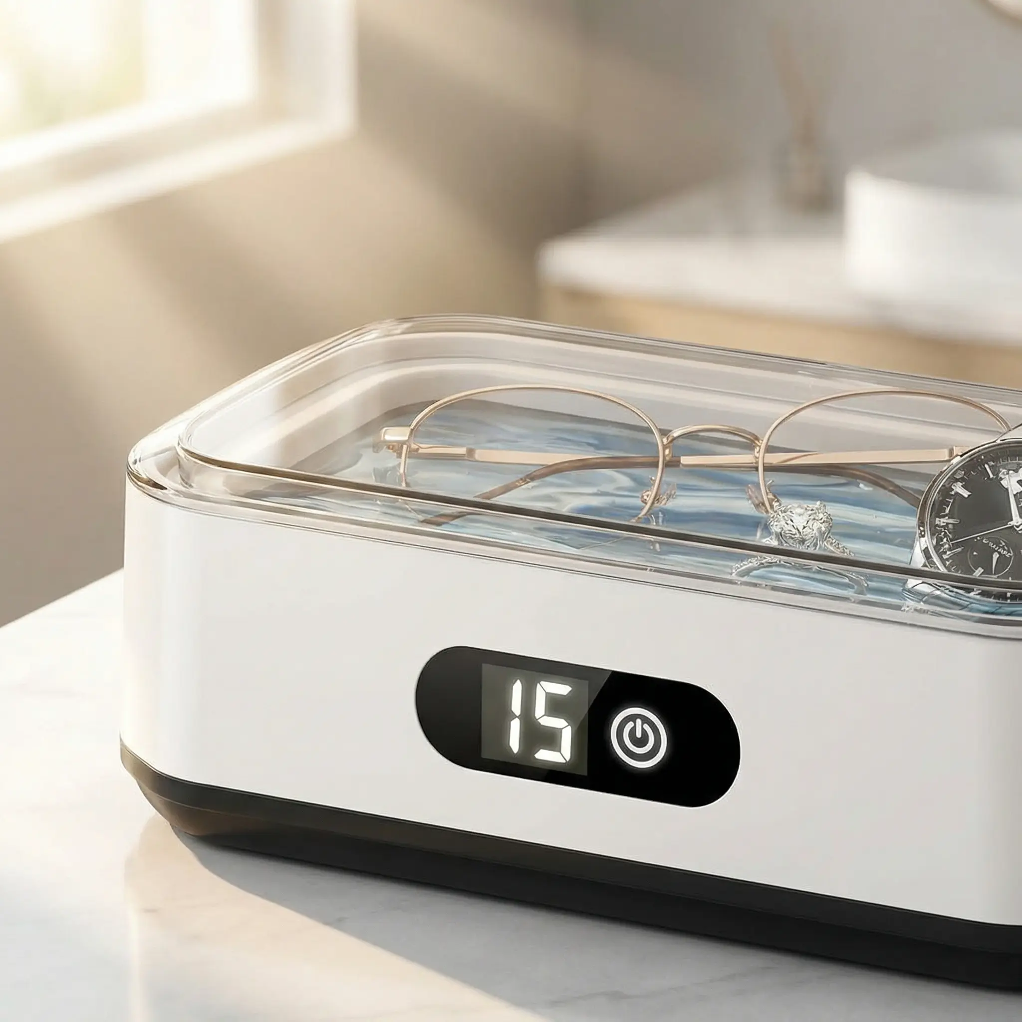 Ru Compact Ultrasonic Cleaner Machine with 304 Stainless Steel Tank, 50kHz Industry-Leading Ultrasonic Waves, Timer - Home Use for Eyeglasses, Small Metal Parts, Makeup Tools