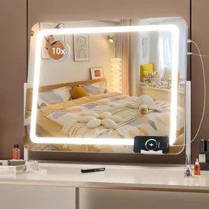 Hasipu Vanity Mirror LED Makeup Mirror with 10X Magnification Touch Screen Control USB Charging Port & Phone Holder for Flawless Application High-Definition Glass Detachable 10X Magnification Mirror