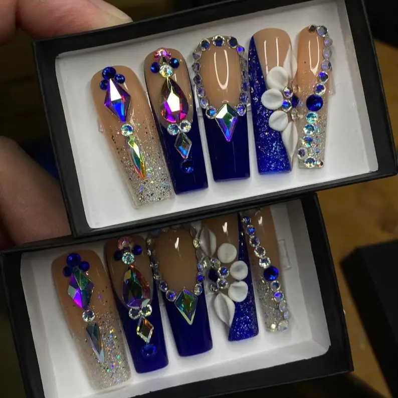 Press On False Nails, Long Square Shape, 3D Flower Design, Blue French Tip, Bling Decorations for Nail Art