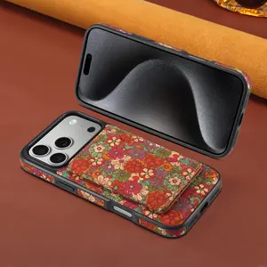 Denior Business-Style Wooden Wallet iPhone Case Compatible with iPhone 17/16/15/14/13/12 Pro Max Plus Models 3-Slot Design Holds 3–5 Cards  Wireless Charging Supported Foldable Magnetic Stand Card Holder Oil Painting Floral Pattern Unisex Protective Cover