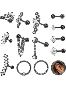 Delicate 14 Pcs Black Punk Rhinestone Earrings Diverse 304 Stainless Steel Stud Hoop Earrings Set for Women Men Cute Star Moon Snake 16G Cartilage Earrings Set Hypoallergenic Screw Back Earrings Helix Piercing Jewelry Set