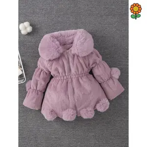 DZP-Girls' Cozy Faux Rabbit Fur-Lined Winter Jacket - Thick Warm Zip-Up Coat with Pockets, Asymmetrical Hem & Pom-Pom Trim, Casual Outdoor Hiking Coat  Fall/Winter, Hiking Clothes  Girls, Fall Winter Apparel, Plush Texture, Soft Texture Light Costume for