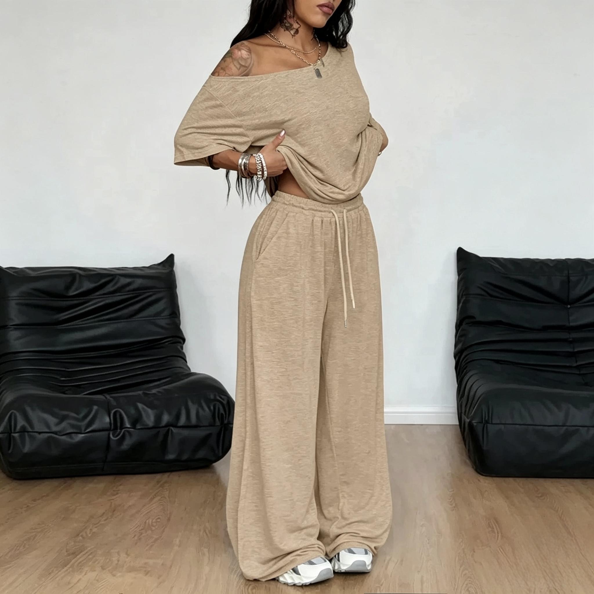 2pcs/Set Women's Minimalist Basic Daily Wear Everyday Going Out Sport Comfortable Off Shoulder T-Shirt And Wide Leg Pants Two Pieces Outfits