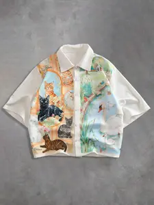 Men's Cat Swan Print Short Sleeve Shirt, Vintage Oil Painting Style Open Front Top, Perfect for Daily Wear and Vacation