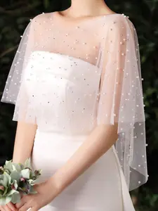 One White Lace Bridal Shawl With Faux Pearls And Rhinestones Embellishment