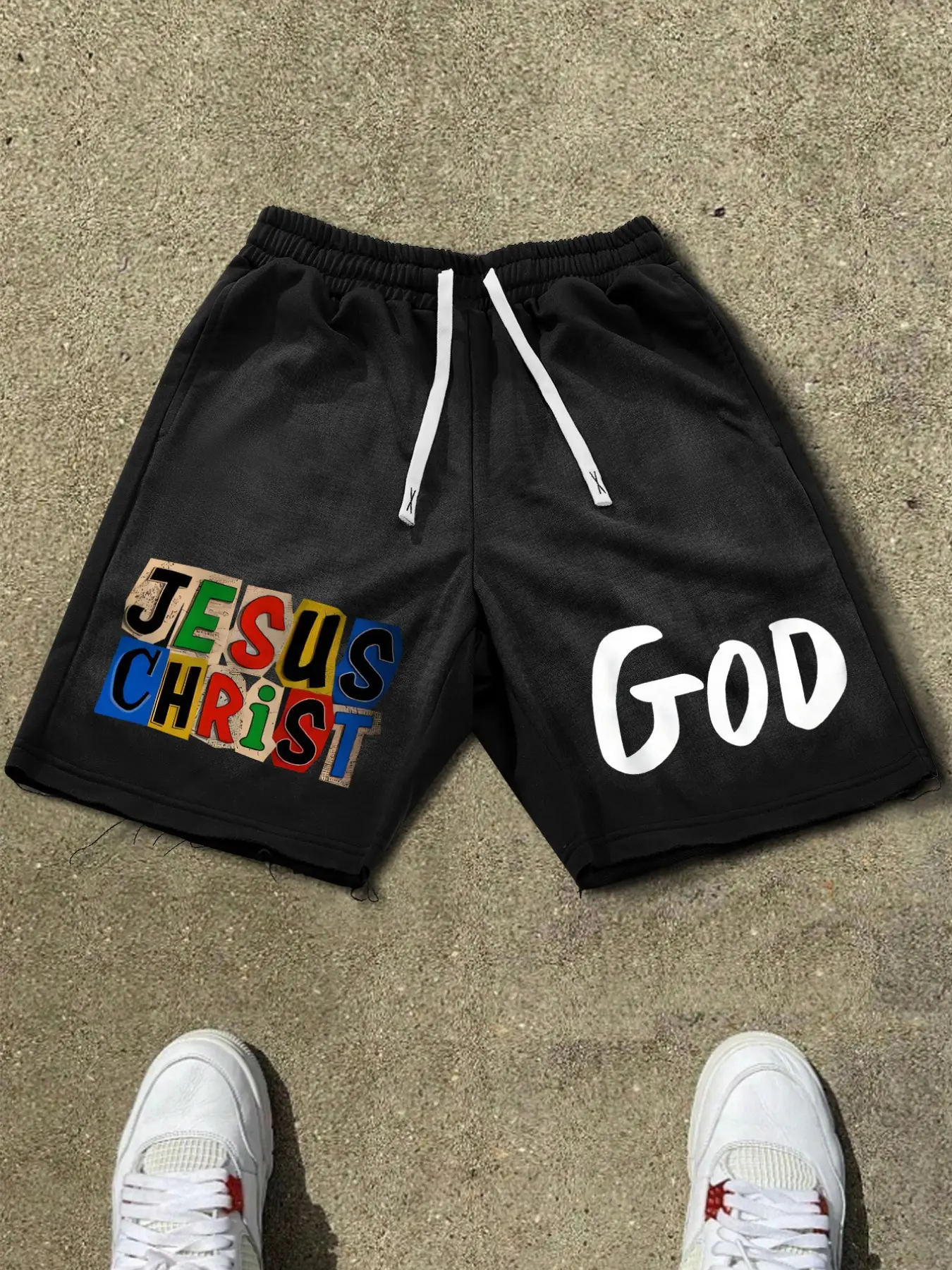 Men's Religious Graphic Shorts, Jesus Christ & God Art Font, Drawstring Waist, Loose Fit, Summer Casual Streetwear, Knitted