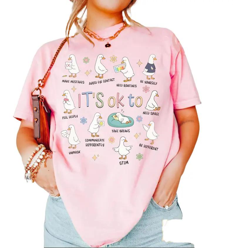 Women’s Fitted Casual “It’s Ok To Be Different” Autism Goose Sweatshirt – Pocket Top, Neurodiversity Acceptance T-Shirt, Special Education Teacher Gift, Clothes, Crewneck